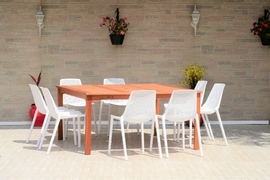 BRAND NEW OUTDOOR 100% FSC SOLID WOOD SQUARE TABLE WITH 8 STACKING WHITE RECYCLED RESIN CHAIRS - ORI