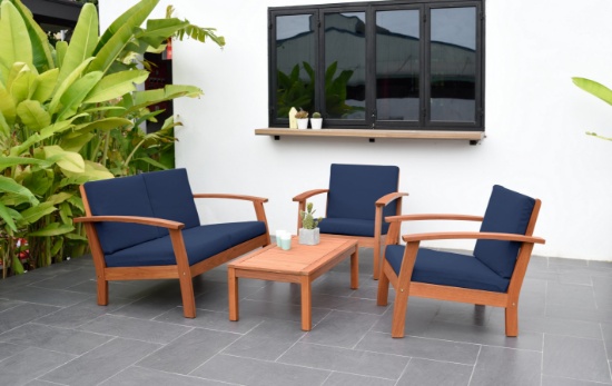BRAND NEW OUTDOOR 100% FSC SOLID WOOD 4 PIECE CONVERSATION SET WITH BLUE REMOVABLE CUSHIONS - ORIGIN