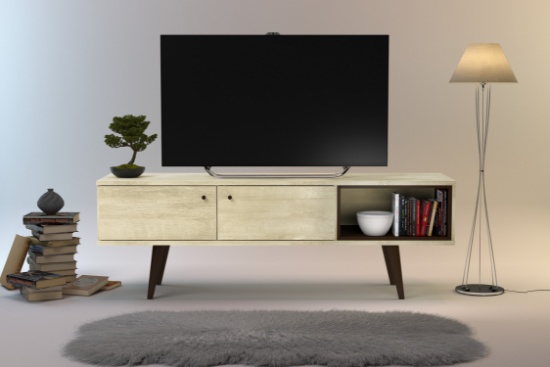 BRAND NEW WOOD 63W x 18L x 21H TV STAND IN SAND COLOR WITH 2 CABINET DOORS - ORIGINAL PACKAGING