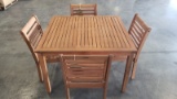OPEN BOX - BRAND NEW OUTDOOR 100% FSC SOLID WOOD TABLE WITH 4 STACKING CHAIRS