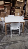 OPEN BOX - BRAND NEW Hard Wood Dining Table with Polypropylene All weather Top and (4) White Stackin