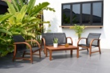 BRAND NEW OUTDOOR 4-PERSON SOLID 100% FSC WOOD SEATING SET WITH BLACK SLING - ORIGINAL PACKAGING