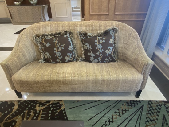 72 Inch Rounded Back Single Cushion Sofa With Two Fringed Throw Pillows.