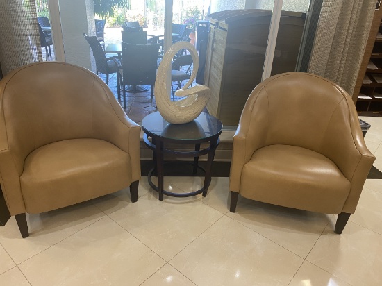 Elegant Stitched, Leather, Rounded Back Barrel, Style Chairs With Solid Wood Legs