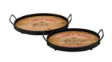 French Theme Set 2 Round Metal Trays Painted Wood Surface Kitchen Decor 56149