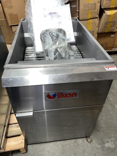 New Ikon 75 LB Gas Floor Model Fryer, with Casters, Grates, Flume, (2) Baskets -  To Be Picked Up in