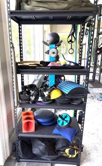 5 Shelf Unit with Assorted Fitness Equipment