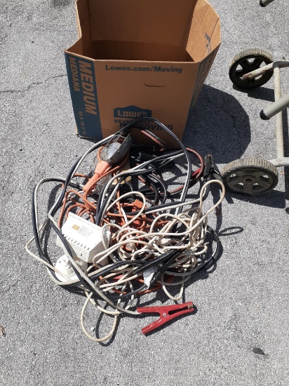 Box of extension cords and jumper cable