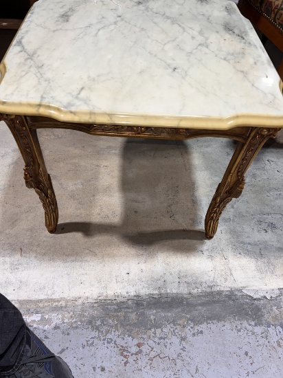 Beveled Marbe Side Table with  Exquisite Carved Wood Frame, 23" X 23" X 20"