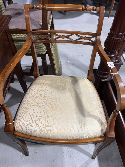 Carved Wooden Arm Chair, Cloth Seat