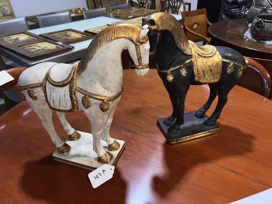Metal Horses, One Black, One White, 16" High, Signed