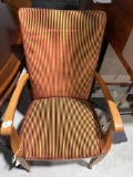 High Back Cherry Wood Arm Chair with Red and Gold Fabric
