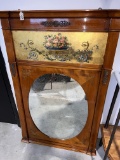 Large Framed Oval Mirror with Artwork on the Top Portion, 30