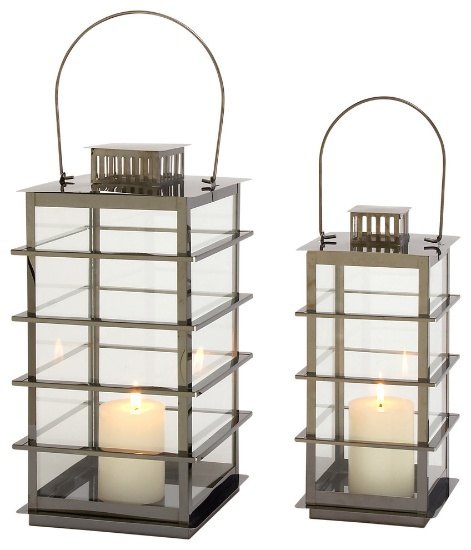 GwG Outlet Stainless Steel Glass Black Set of 2 Lantern in 13", 16"H 70079