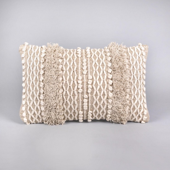 Urbane Boho Woven Cotton And Jute Lumbar Trow Pillow With Beige Finish S39989