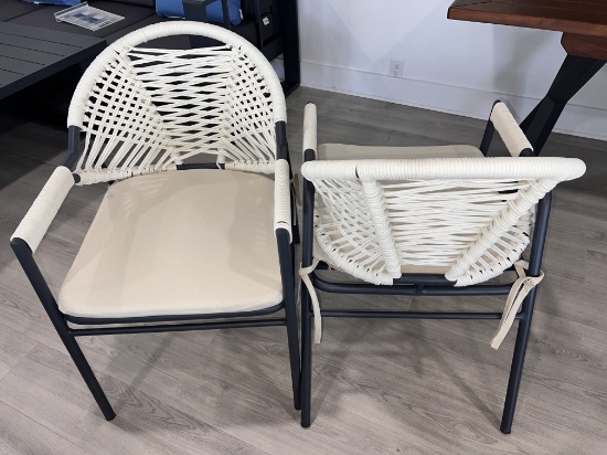 Bistro Chairs with Rope On Back and Arm Rest with a Powder Coated Black Aluminum Frame with White Cu