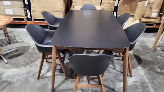 BRAND NEW OUTDOOR 74â€ x 39â€ Black Hardwood & Polypropylene Table with (6) Black Recycled Resin C