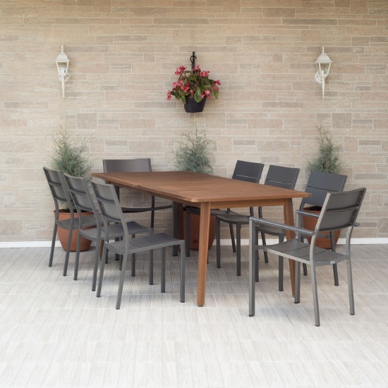BRAND NEW OUTDOOR 100% FSC SOLID WOOD  TABLE 85" X 37" WITH 8 ALUMINUM CHAIRS