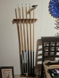 Wall Mount Pool Rack with (5) Pool Cues and Bridge