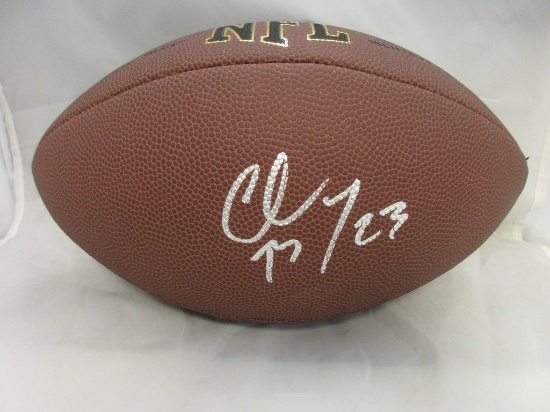 Christian McCaffrey of the San Francisco 49ers signed auto full size brown football PAAS COA 045