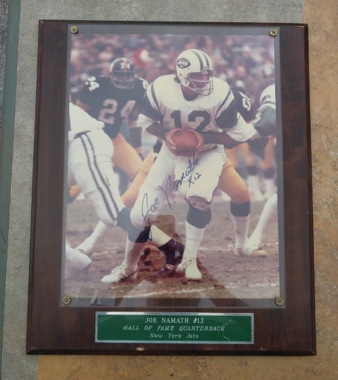 Joe Namath - Hall of Fame - Signed Photo and Plaque -15 x 18 - needs touchup