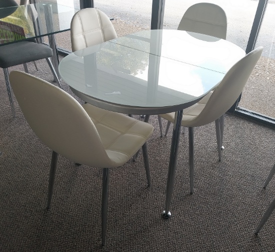 White Extention Glasstop with self Store Leaf and 4 white/Chrome Chairs -32 x 48 x 60 in -Chintaly