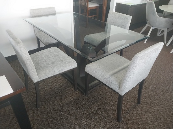 Solid Birch Base and Glasstop table and 4 cloth chairs - Made by Bermex - Canada