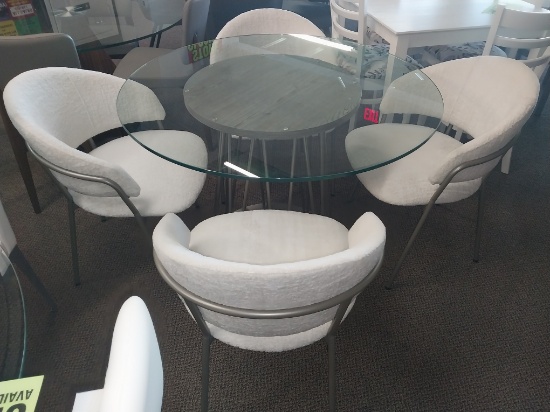 42 in Round Glasstop metal and wood base w 4 metal and fabric chairs by Amisco