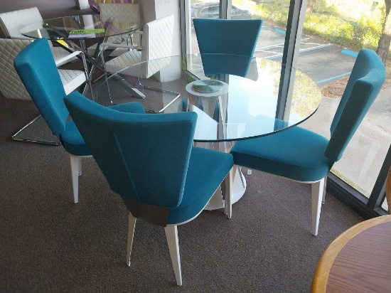 Elite Modern 48 in Round Attached Glass w white metal base -4 turquoise chair