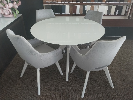 48 in. White Glasstop Solid Birch Table and 4 Swivel Grey Velvet chairs -Canadel