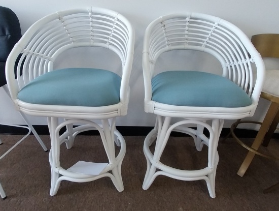 Whitewashed Rattan Counter Stool w Blue Sunbrella seat