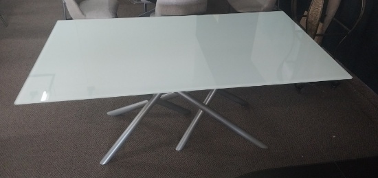 Trica White Glasstop Table with Welded Steel Abstract base - 39.5 x 71.5