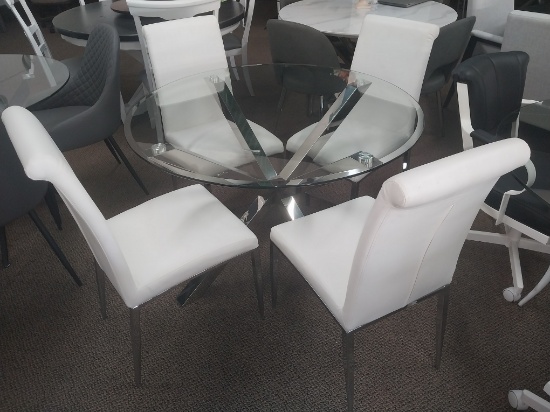 5 Pc. 45 in. Modern Round Glasstop Table and 4 White chairs