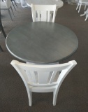 36in Round Grey and White Wood table w 2 white and grey chairs