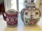 Red Porcelain Teapot & Hand-Painted Floral Jar