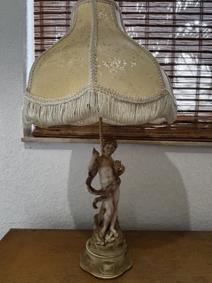 Antique Cherub Lamp with Fringe Shade