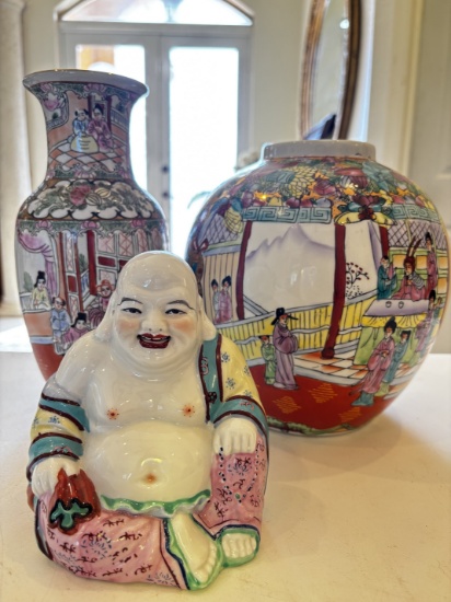 Porcelain Laughing Buddha & Chinese Painted Vases