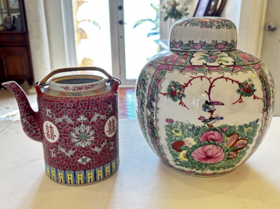 Red Porcelain Teapot & Hand-Painted Floral Jar