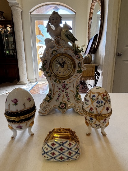 Porcelain Cherub Clock and Trinket Boxes