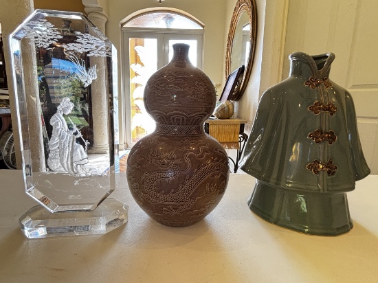Etched Crystal, Carved Vase, and Cloak-Shaped Vase
