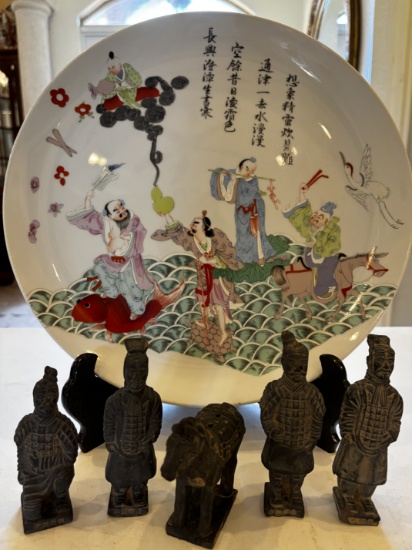 Chinese Painted Plate w. Mini Terra Cotta Figures