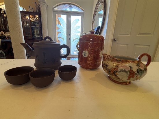Yixing Teapot, Red Ceramic Canister, & Creamer