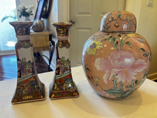 Ceramic Ginger Jar & Hand-Painted Candleholders