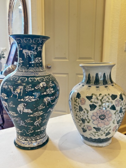 Intricate Blue-Green and Floral Vases