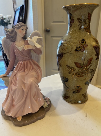 Porcelain Angel Figurine & Crackle Butterfly Vase