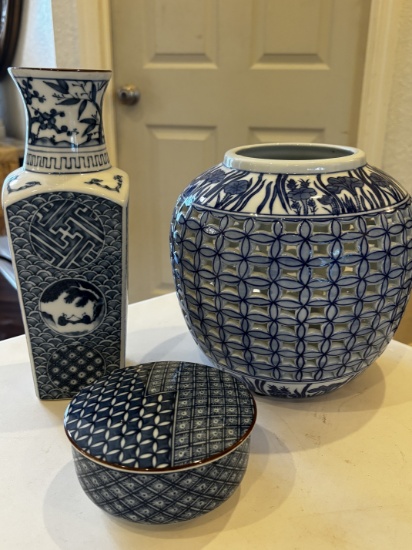 Blue and White Porcelain Vase, Jar, & Dish