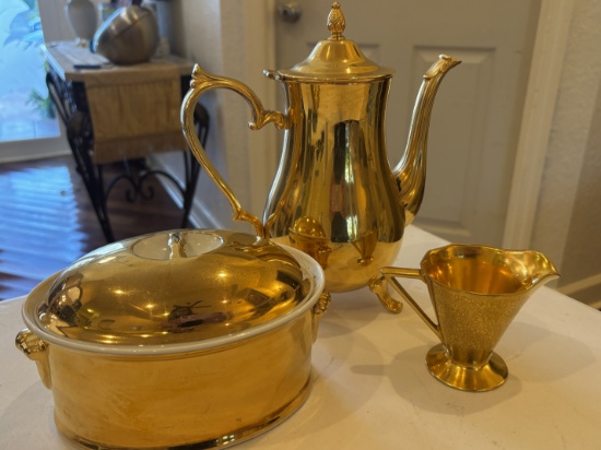 Pickard Gold-Plated Teapot, Covered Dish, Creamer