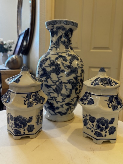 Blue and White Ceramic Ginger Jar & Vase Set