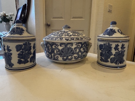 Blue Floral Pattern Ceramic Canister Set w. Tureen