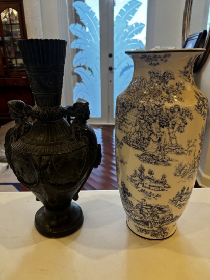 Ornate Black Metal and Blue Decorative Vases